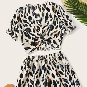 Leopard Print Twist Front Blouse With Shorts